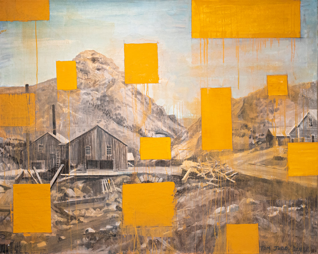 Tom Judd painting of abandoned mine with pictorial plane disrupted by yellow abstracted squares