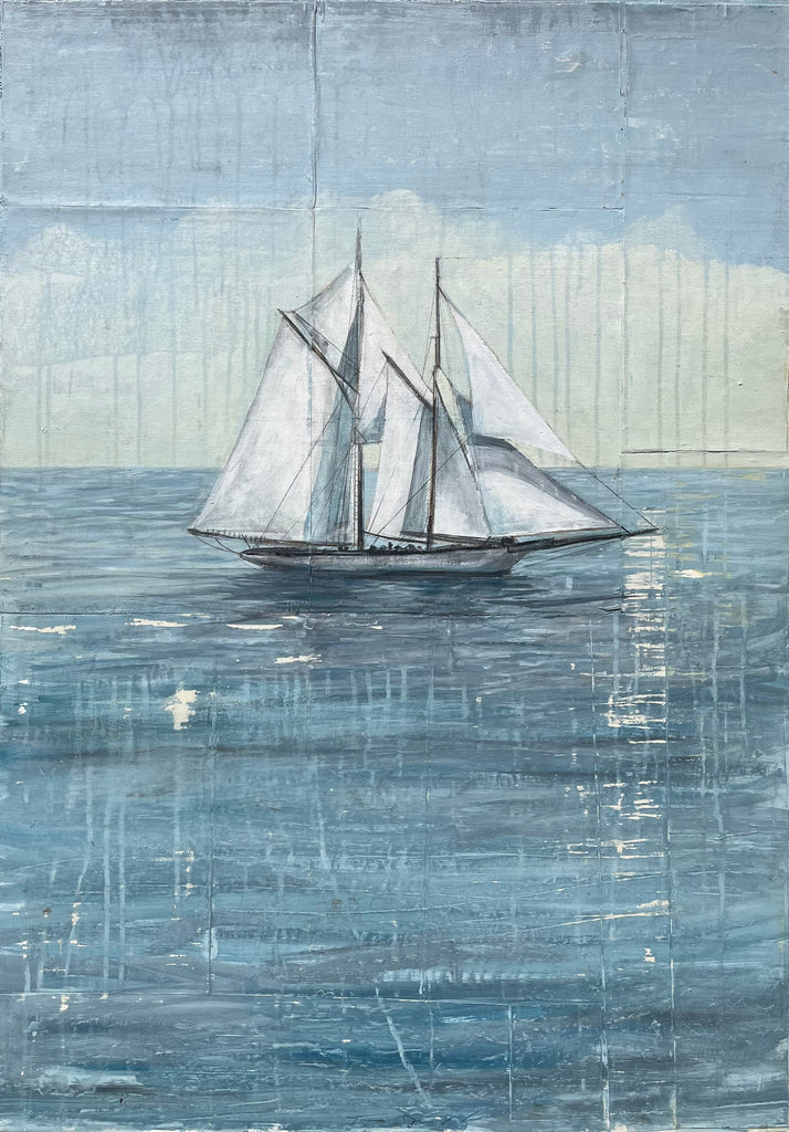 Central sailboat in open sea