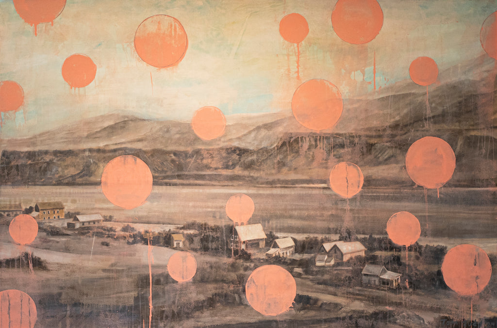 Sepia-toned American west community disrupted by abstracted circles in foreground.