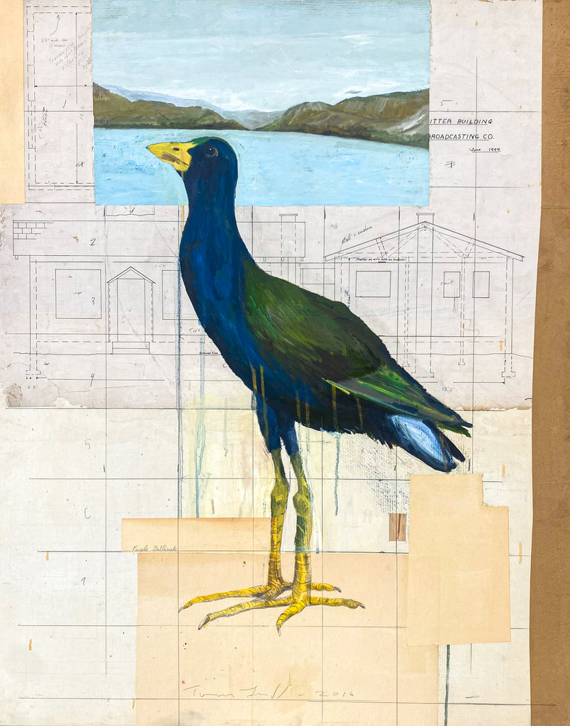 Mixed media artwork of central bird over architectural drawing and serene landscape