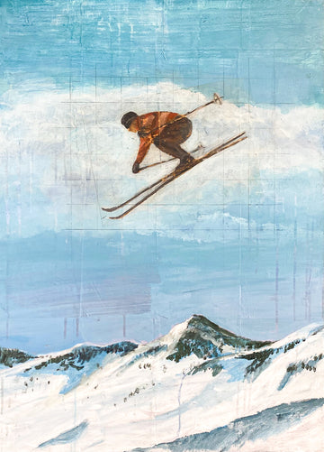 Tom Judd mixed media artwork of man skiing, suspended in Alpine landscape