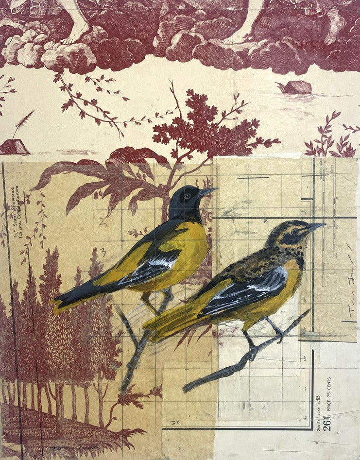 Mixed media of two small birds against baroque style background