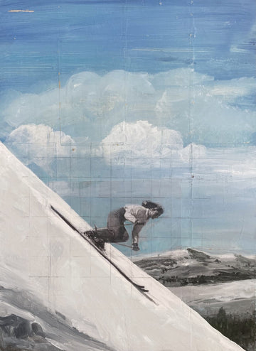 Mixed media artwork depicting woman skiing downhill against Alpine landscape