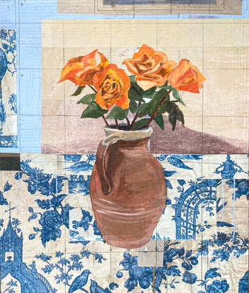 Baroque collage complementing still life pottery vase holding orange roses in full bloom