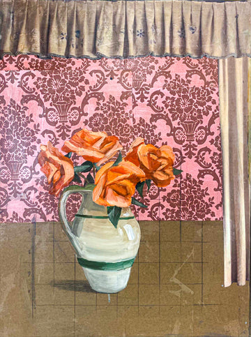 Collage and mixed media depicting a pitcher of roses set against a baroque-patterned backdrop, framed by a draped curtain.